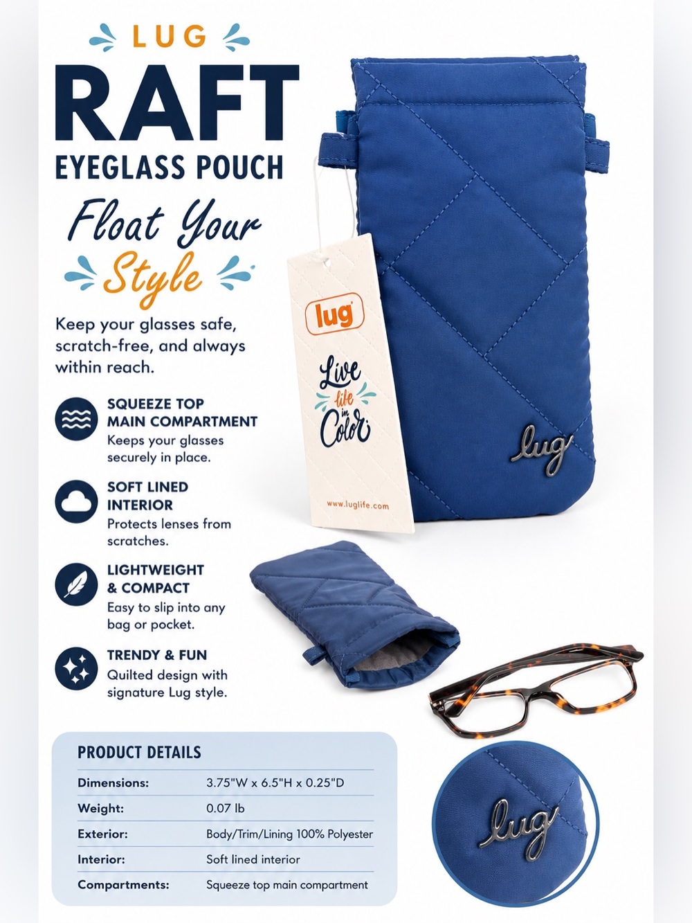 Lug Raft Quilted😎 Eyeglass Pouch Glasses Case 🌊Cobalt Blue  🌊NWOT Soft Lined